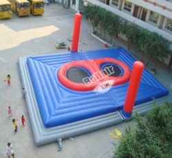 Inflatable volleyball court with trampoline
